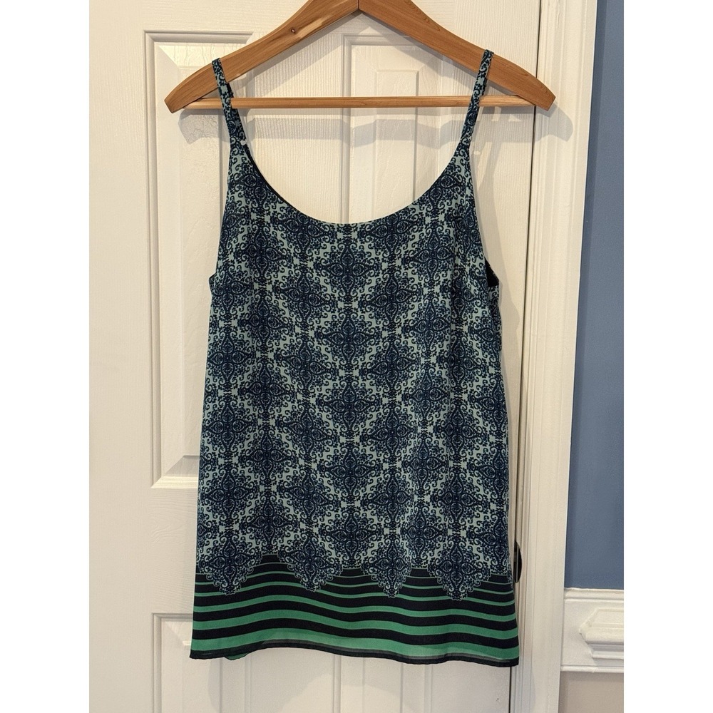 CAbi Women's Blue Green Geometric Woven Sleeveless Camisole Tank Scoop Neck L